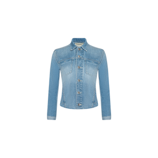 The Janelle Jean Jacket is a light blue vintage wash denim jacket with long sleeves, front button closure, and two chest pockets, displayed on a plain white background. This flattering and feminine piece features a slim fit for a timeless silhouette.
