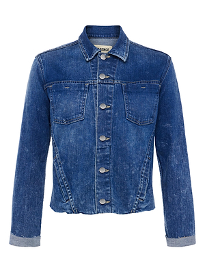 The Janelle Jean Jacket features indigo denim in a slim fit with slightly rolled long sleeves, button-up front, two flap chest pockets, visible seam details, and a gently faded finish for a casual style.