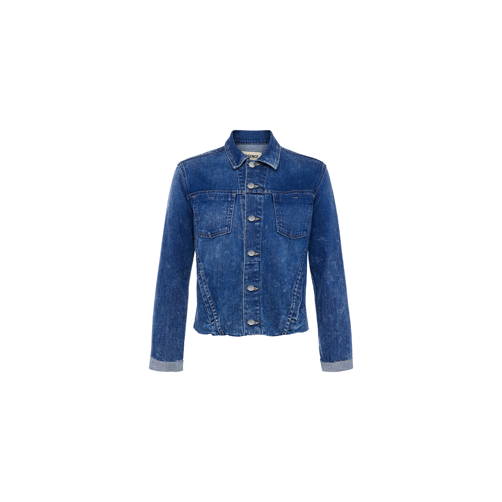 The Janelle Jean Jacket is a women’s slim fit blue denim jacket featuring long sleeves, a button-up front, two chest pockets, and folded cuffs, shown against a plain white background.