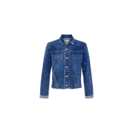 The Janelle Jean Jacket, featuring a classic indigo wash with long sleeves, a buttoned front, two chest pockets, and visible stitching details, is displayed against a plain white background. This slim fit jacket offers a flattering silhouette for women.