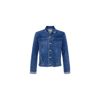 The Janelle Jean Jacket is a women’s slim fit blue denim jacket featuring long sleeves, a button-up front, two chest pockets, and folded cuffs, shown against a plain white background.