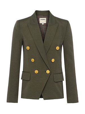 The Kenzie Double-Breasted Blazer by L'AGENCE features dark olive ribbed ottoman fabric, gold buttons, structured shoulders, notched lapels, flap pockets, a checked lining, and offers a tailored slim fit.