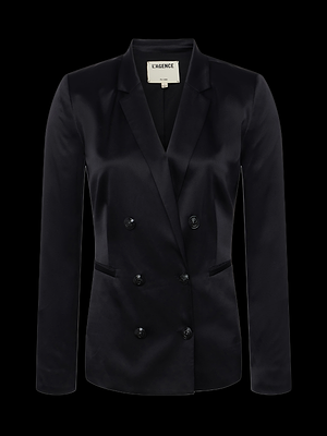 A black satin double-breasted blazer with notch lapels, four front buttons, two front pockets, and a label reading “L’AGENCE” inside the collar. The blazer is displayed on a plain black background.