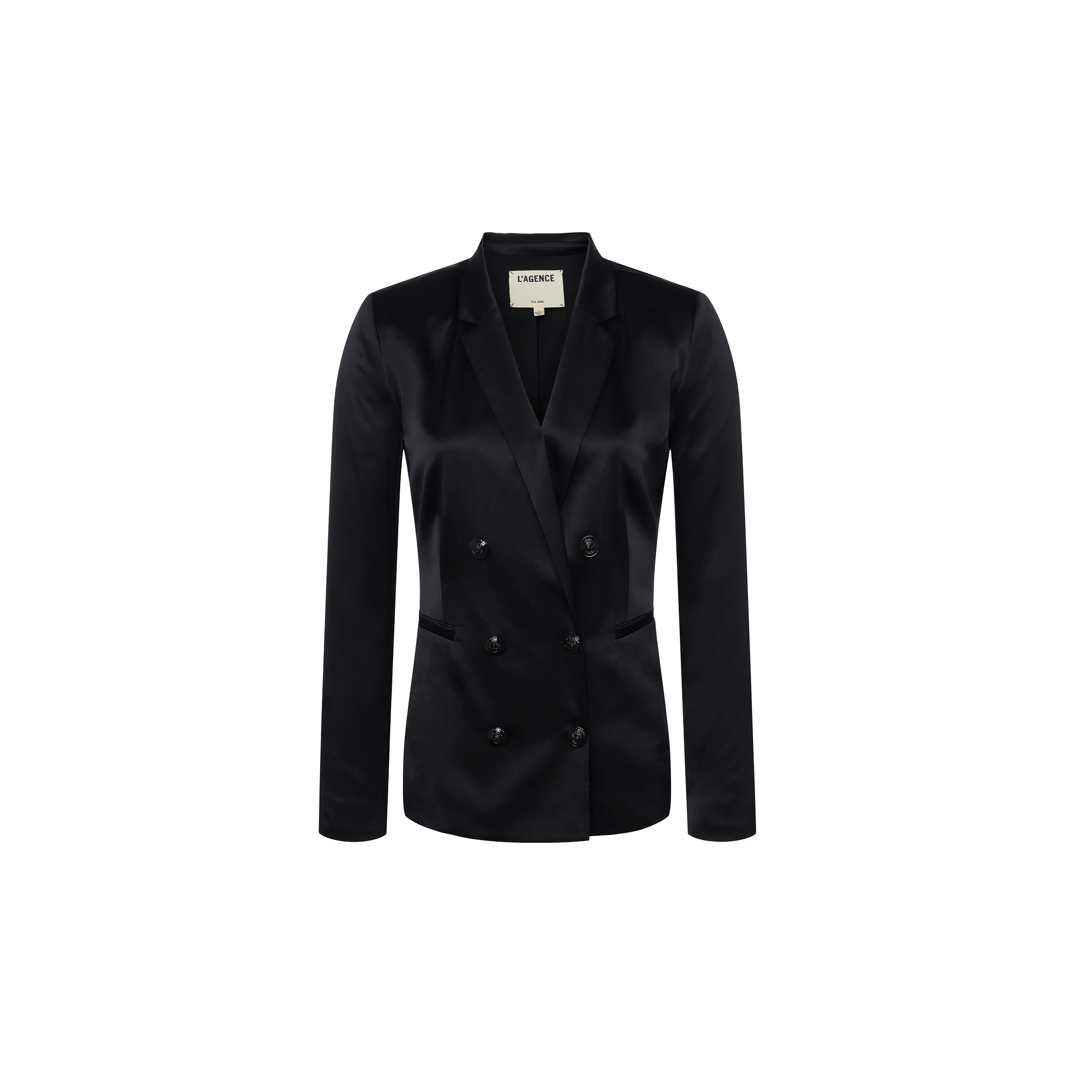 The Colin Silk Charmeuse Blazer, shown in black with a notched lapel and long sleeves, features a double-breasted design and is displayed on a plain white background.