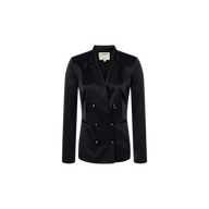 The Colin Silk Charmeuse Blazer, shown in black with a notched lapel and long sleeves, features a double-breasted design and is displayed on a plain white background.
