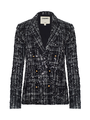 The Colin Sequined Tweed Blazer by L'AGENCE, featuring black-and-white plaid tweed, gold buttons, and a notched lapel, is showcased on a plain white background with the L'AGENCE label visible at the collar.