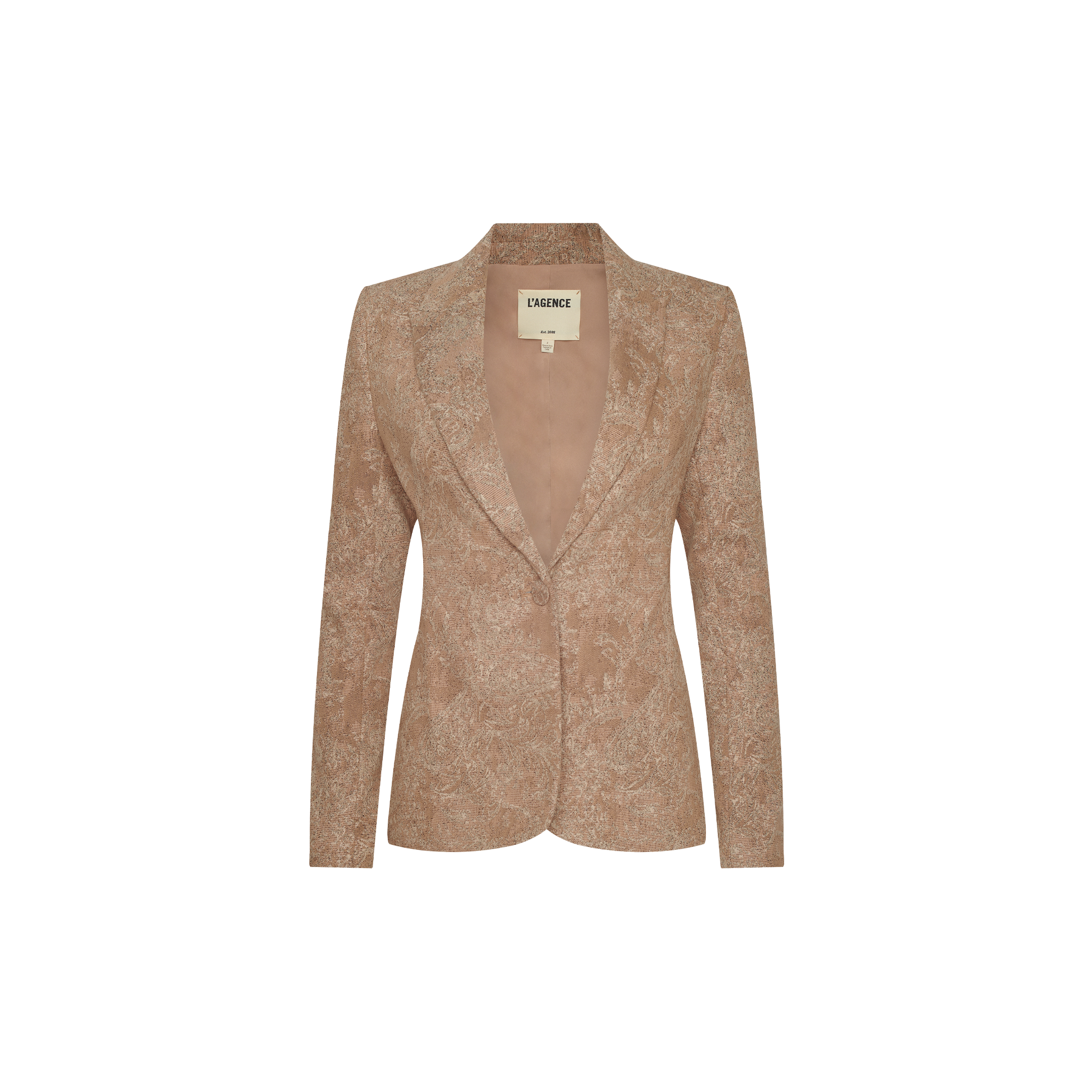 Clementine Blazer: Tan women’s blazer with single button closure, subtle textured pattern, notched lapels, and long sleeves, perfect for a chic Parisian look. Displayed on a plain white background.