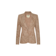 Clementine Blazer: Tan women’s blazer with single button closure, subtle textured pattern, notched lapels, and long sleeves, perfect for a chic Parisian look. Displayed on a plain white background.