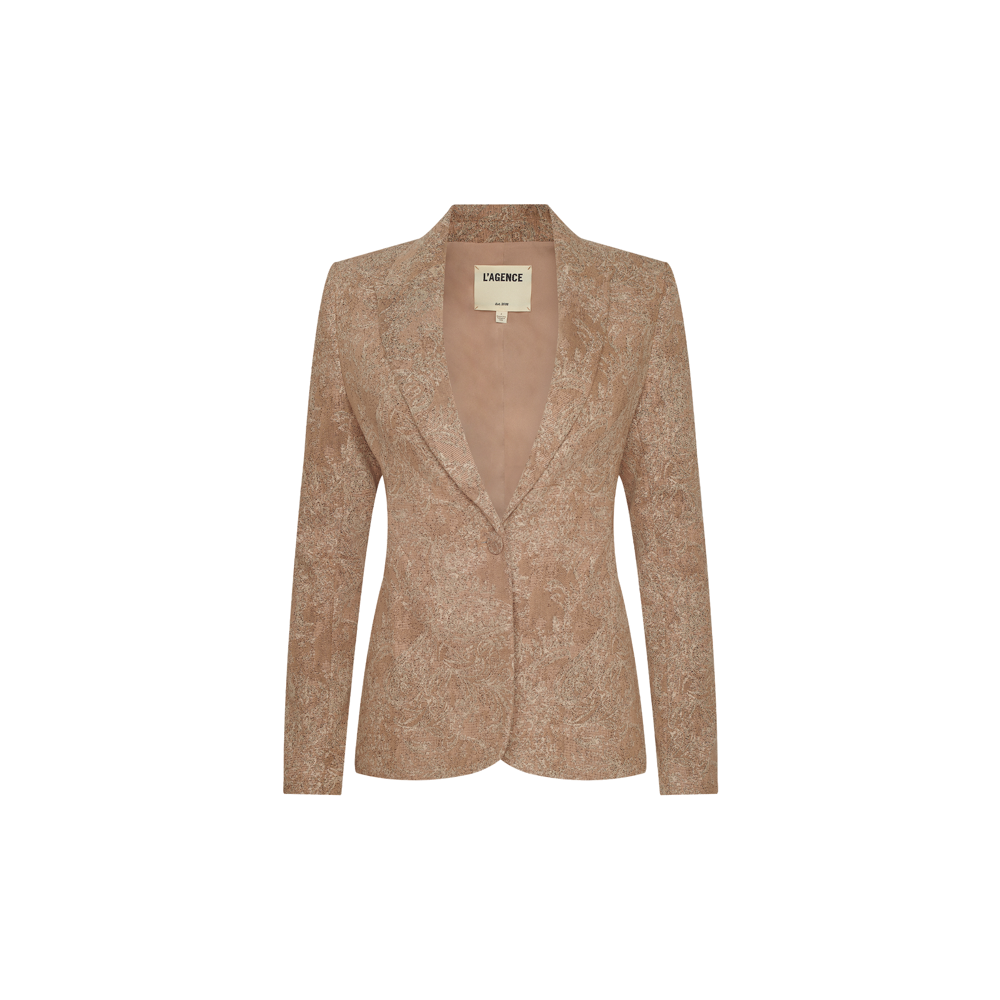 Clementine Blazer: Tan women’s blazer with single button closure, subtle textured pattern, notched lapels, and long sleeves, perfect for a chic Parisian look. Displayed on a plain white background.