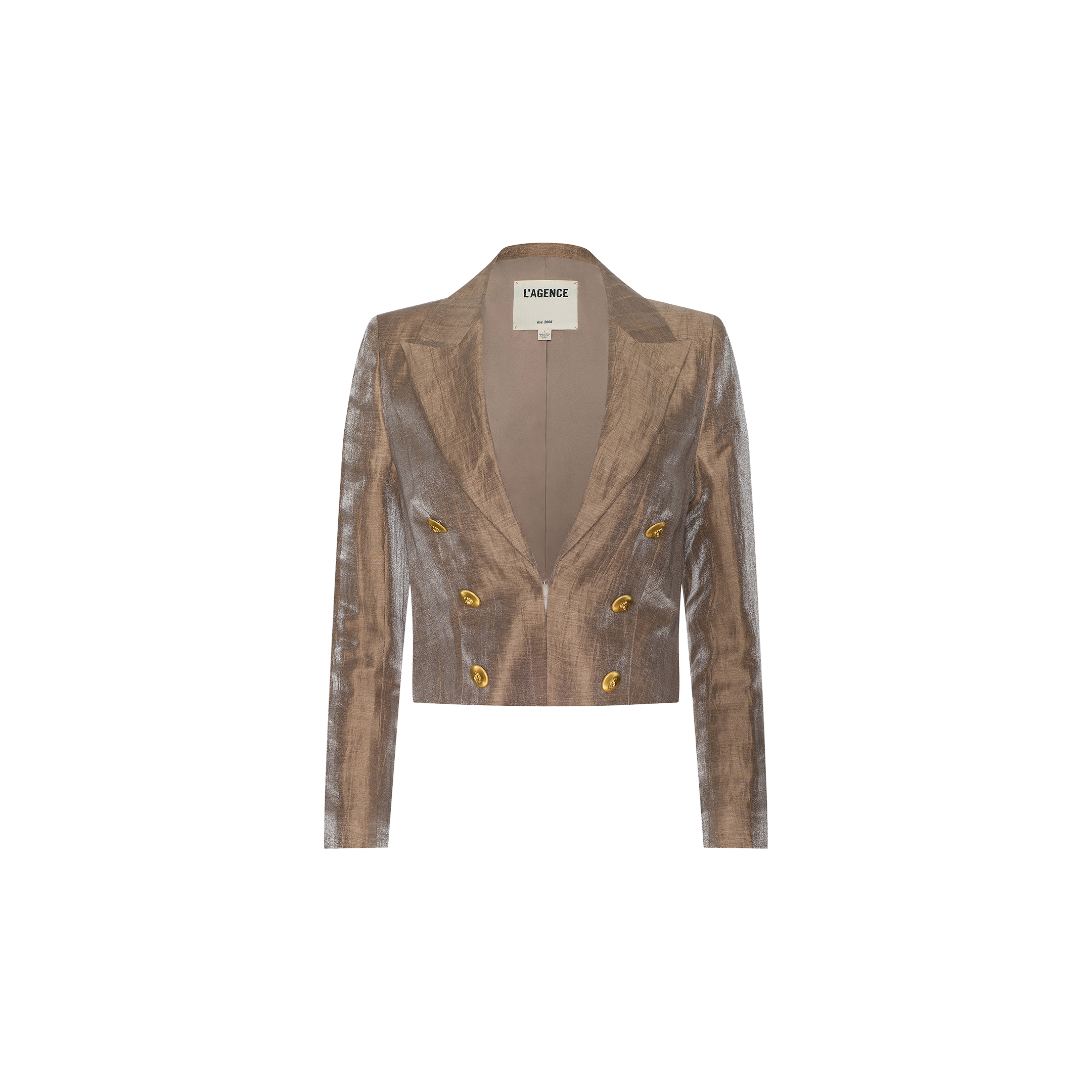 The Inez Cropped Blazer is a metallic brown, double-breasted blazer made from a linen blend, featuring gold buttons and a notched lapel, shown against a plain white background.