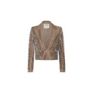 The Inez Cropped Blazer is a metallic brown, double-breasted blazer made from a linen blend, featuring gold buttons and a notched lapel, shown against a plain white background.