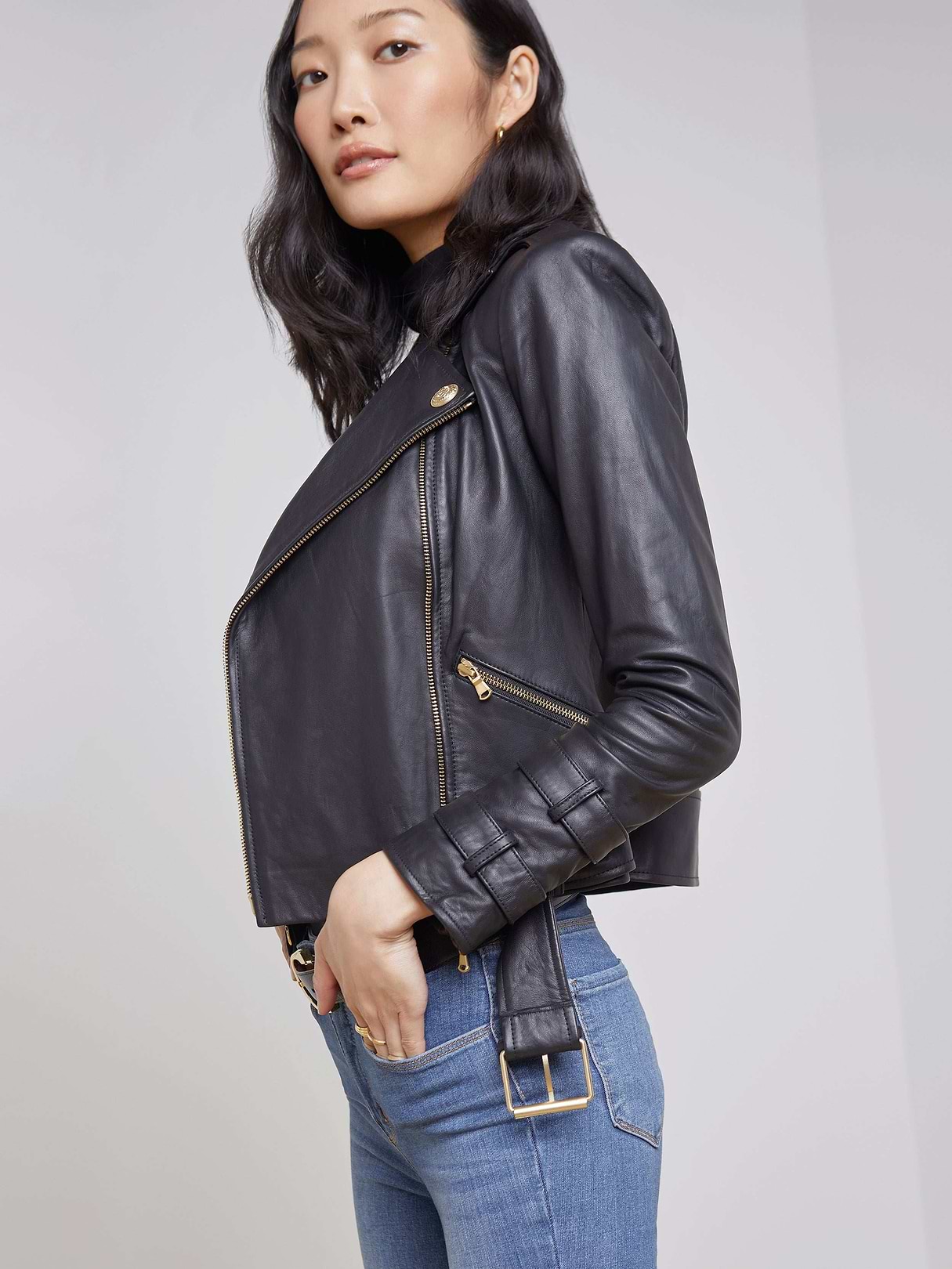 Billie Belted Leather Jacket in Black | L'AGENCE
