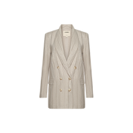 Jayda Linen-Blend Blazer: light beige, double-breasted with vertical pinstripes, notch lapels, and six buttons. Inspired by Paris Fashion Week and shown on a plain white background.