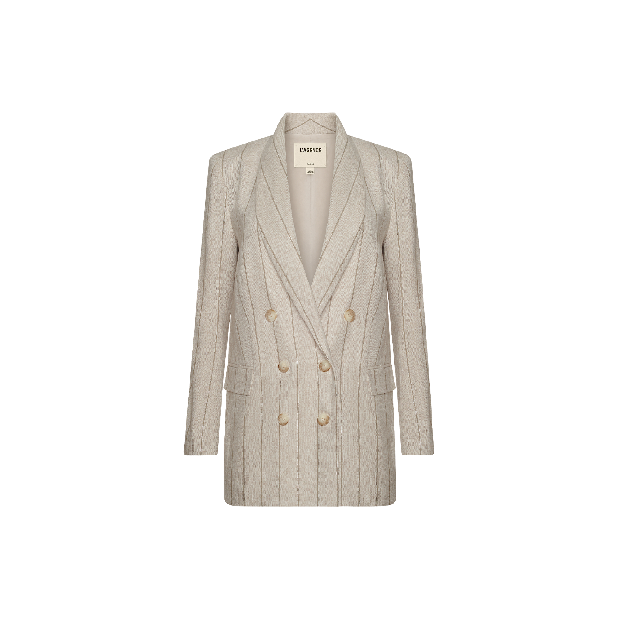 Jayda Linen-Blend Blazer: light beige, double-breasted with vertical pinstripes, notch lapels, and six buttons. Inspired by Paris Fashion Week and shown on a plain white background.