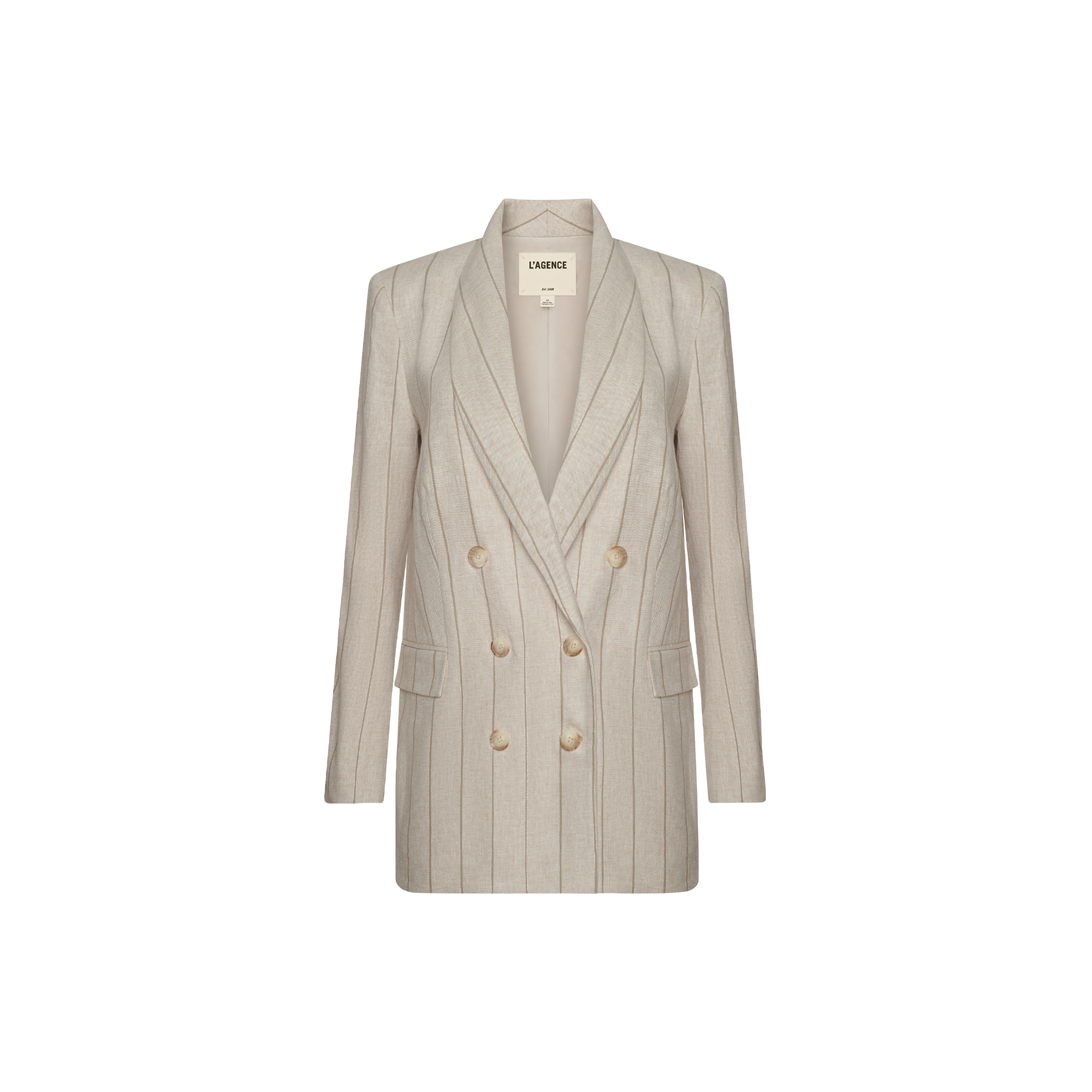 Jayda Linen-Blend Blazer: light beige, double-breasted with vertical pinstripes, notch lapels, and six buttons. Inspired by Paris Fashion Week and shown on a plain white background.