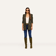 A woman wearing sunglasses, the Jayda Blazer in oversized olive green, a white top, blue jeans, and olive knee-high boots stands facing forward against a plain light background.
