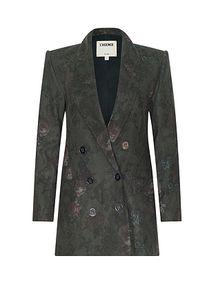 The Jayda Blazer is a dark green, double-breasted jacket with a subtle floral pattern, structured shoulders, and black buttons—an elegant piece from LAGENCE inspired by historical romance for Fall 2026.
