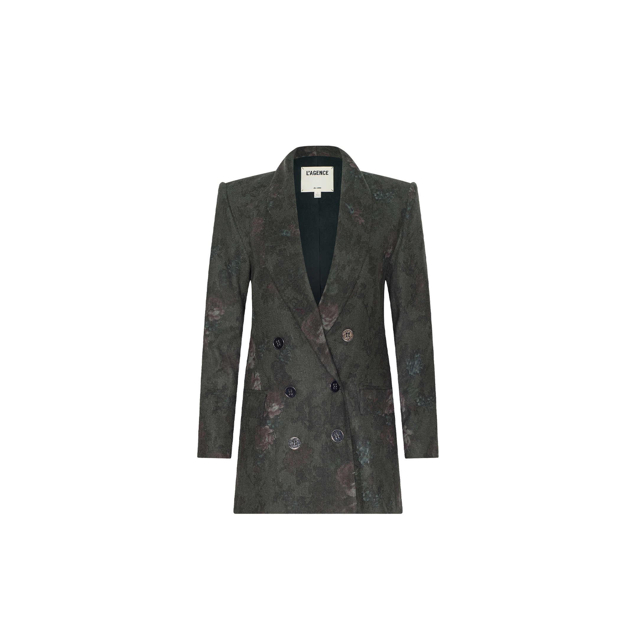 The Jayda Blazer is a long, dark green oversized blazer crafted from an Italian wool blend with a subtle floral print, featuring notched lapels and a structured silhouette, displayed on a plain white background.