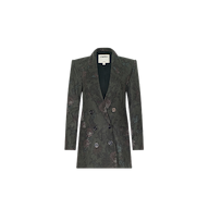 The Jayda Blazer is a long, dark green oversized blazer crafted from an Italian wool blend with a subtle floral print, featuring notched lapels and a structured silhouette, displayed on a plain white background.