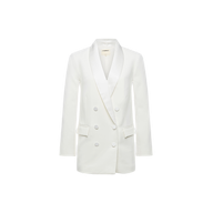 Jayda Blazer: White double-breasted blazer with six buttons, shawl collar, and two front flap pockets, inspired by Paris Fashion Week Spring 2027, shown on a plain white background.