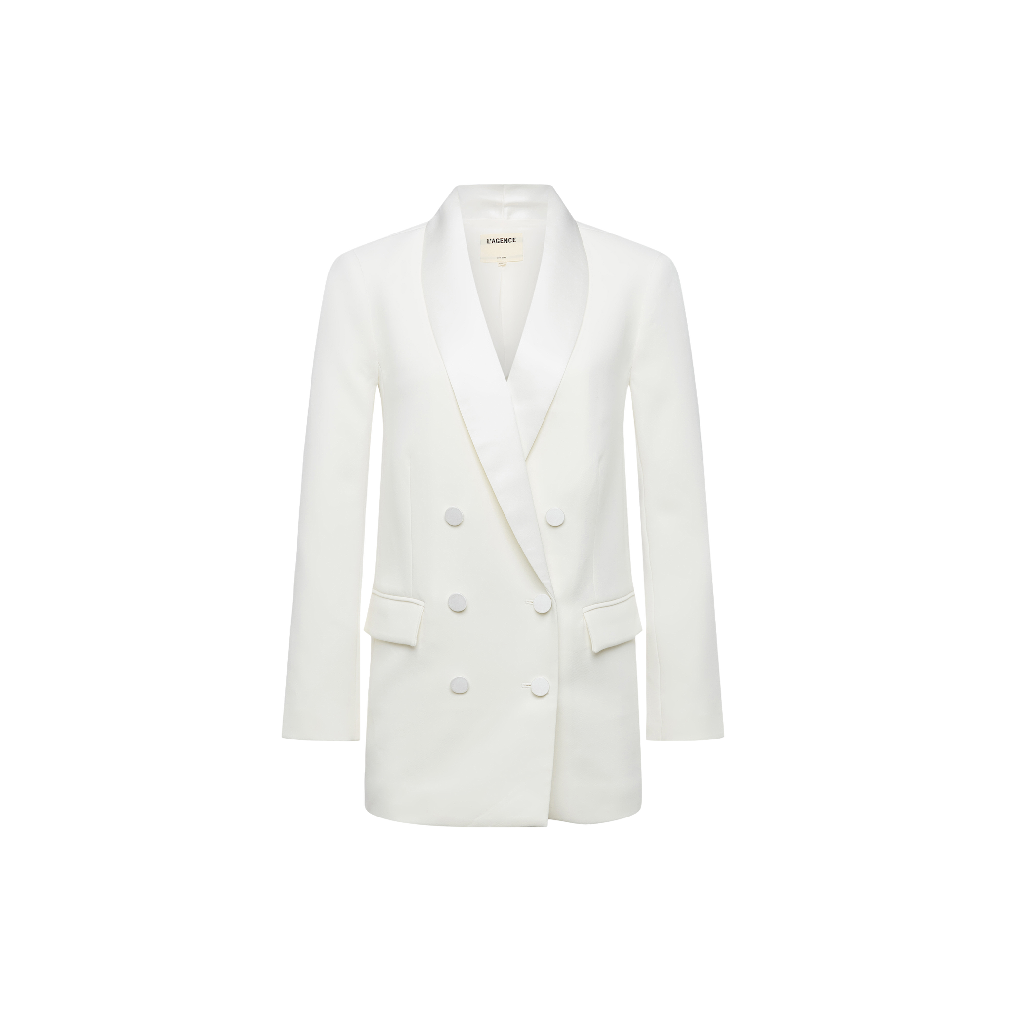 Jayda Blazer: White double-breasted blazer with six buttons, shawl collar, and two front flap pockets, inspired by Paris Fashion Week Spring 2027, shown on a plain white background.