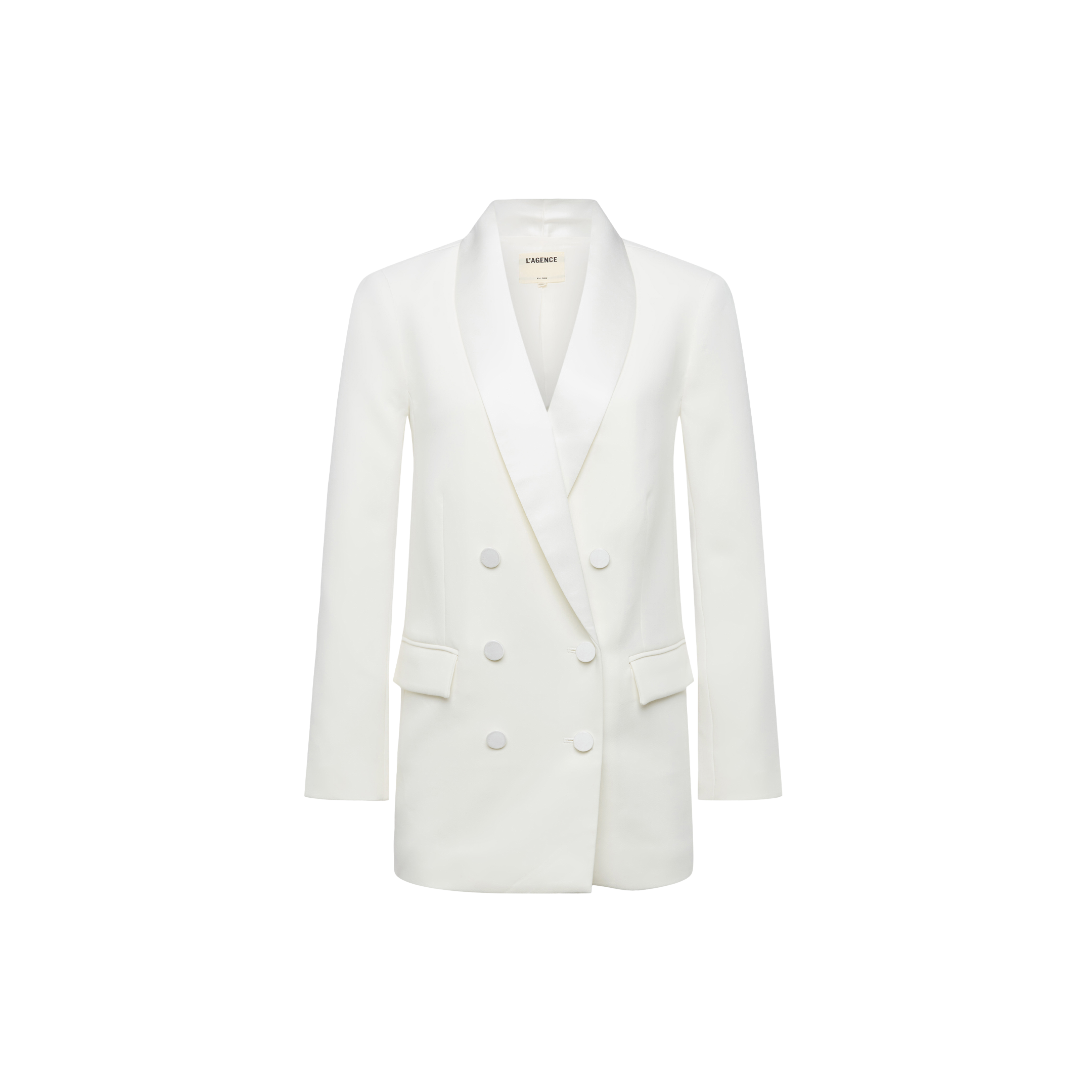 Jayda Blazer: White double-breasted blazer with six buttons, shawl collar, and two front flap pockets, inspired by Paris Fashion Week Spring 2027, shown on a plain white background.