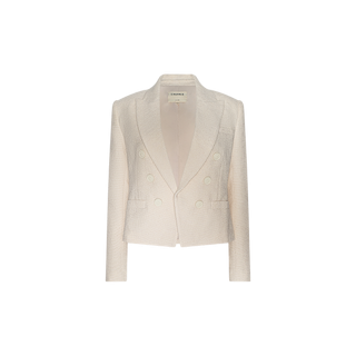 The Brooke Tweed Blazer is a cream-colored, double-breasted women’s ecru blazer featuring long sleeves, lapels, and two front pockets, shown against a plain white background.