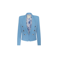 The Brooke Blazer is a light blue women’s double-breasted blazer with long sleeves, silver buttons, and a floral-patterned inner lining, crafted from lightweight ribbed fabric and displayed on a plain white background.