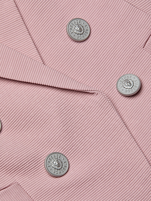 Close-up of the Brooke Open-Front Blazer in pale pink ribbed fabric, featuring four intricately designed silver buttons with engraved text arranged in a double-breasted style.