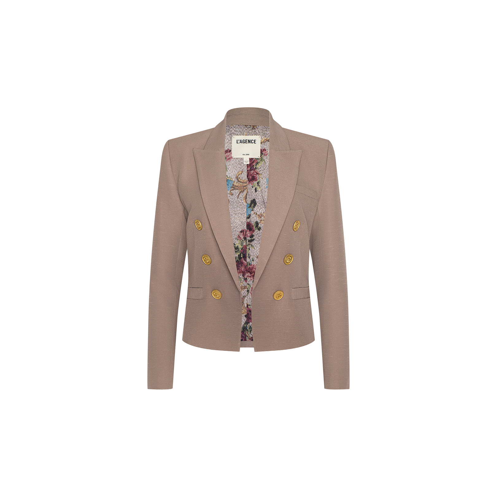 Brooke Blazer in tan, featuring a double-breasted front with gold buttons and a floral inner lining. Displayed on a plain white background, this open-front design faces forward with the sleeves slightly bent.