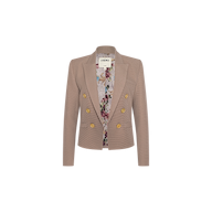 Brooke Blazer in tan, featuring a double-breasted front with gold buttons and a floral inner lining. Displayed on a plain white background, this open-front design faces forward with the sleeves slightly bent.