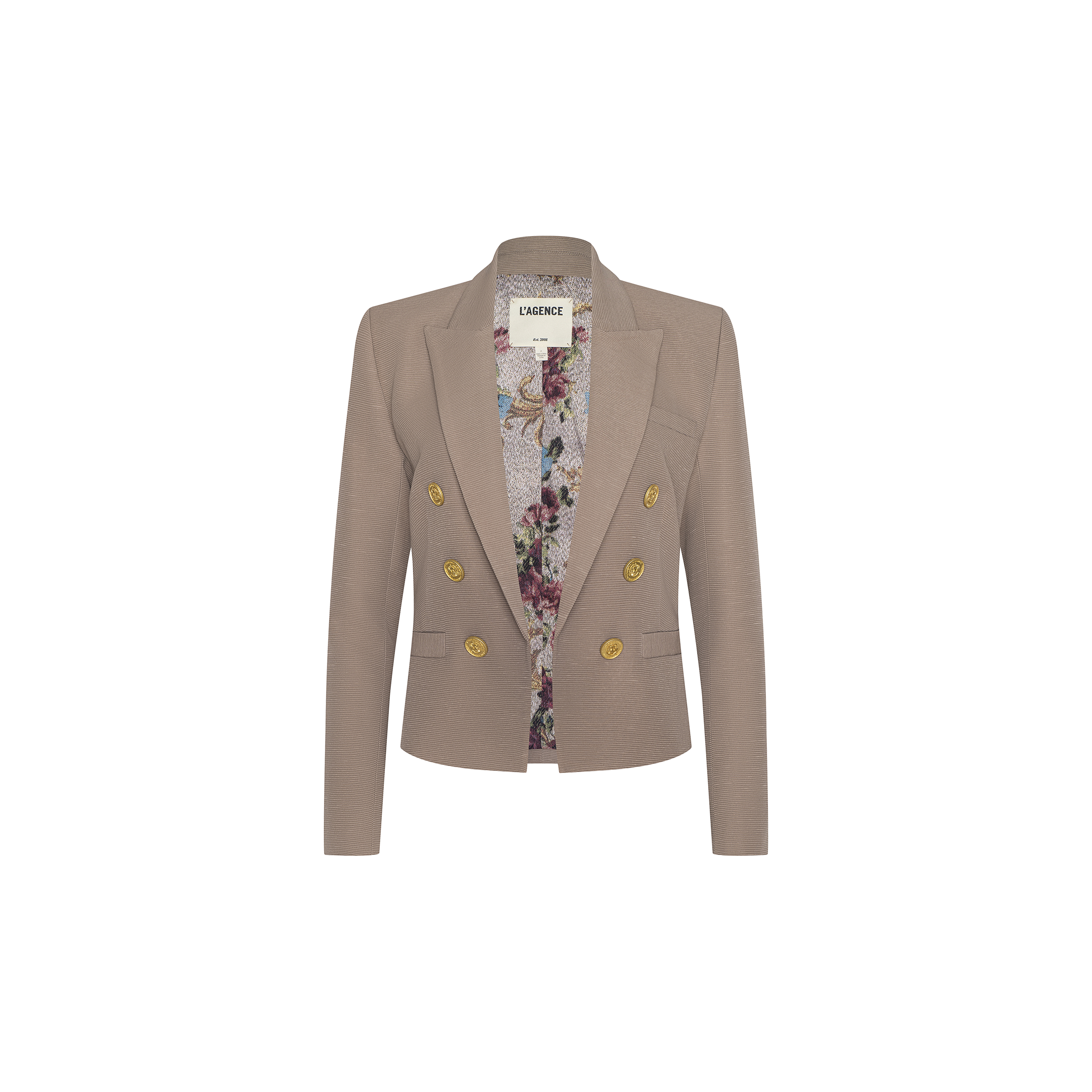 Brooke Blazer in tan, featuring a double-breasted front with gold buttons and a floral inner lining. Displayed on a plain white background, this open-front design faces forward with the sleeves slightly bent.
