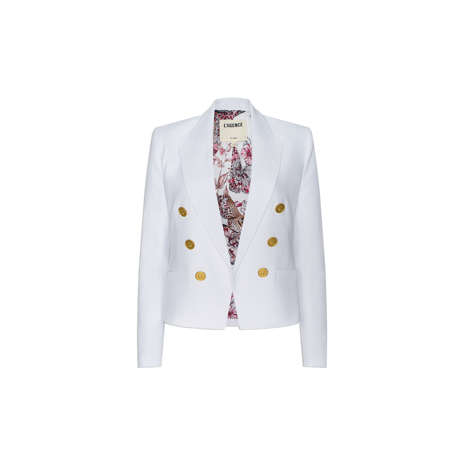 Brooke Blazer: A white lightweight ribbed double-breasted blazer featuring gold buttons and a floral patterned lining, displayed against a plain white background.