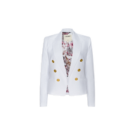 Brooke Blazer: A white lightweight ribbed double-breasted blazer featuring gold buttons and a floral patterned lining, displayed against a plain white background.
