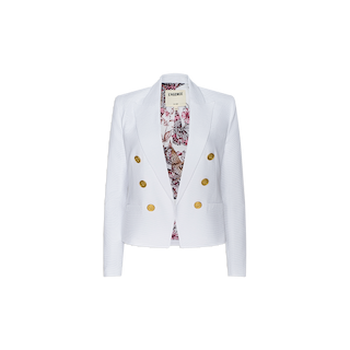 Introducing the Brooke Blazer: an elegant white open-front blazer in a double-breasted design, embellished with gold buttons and featuring a floral lining visible inside. Crafted from ribbed ottoman fabric, it’s beautifully showcased against a plain white background.