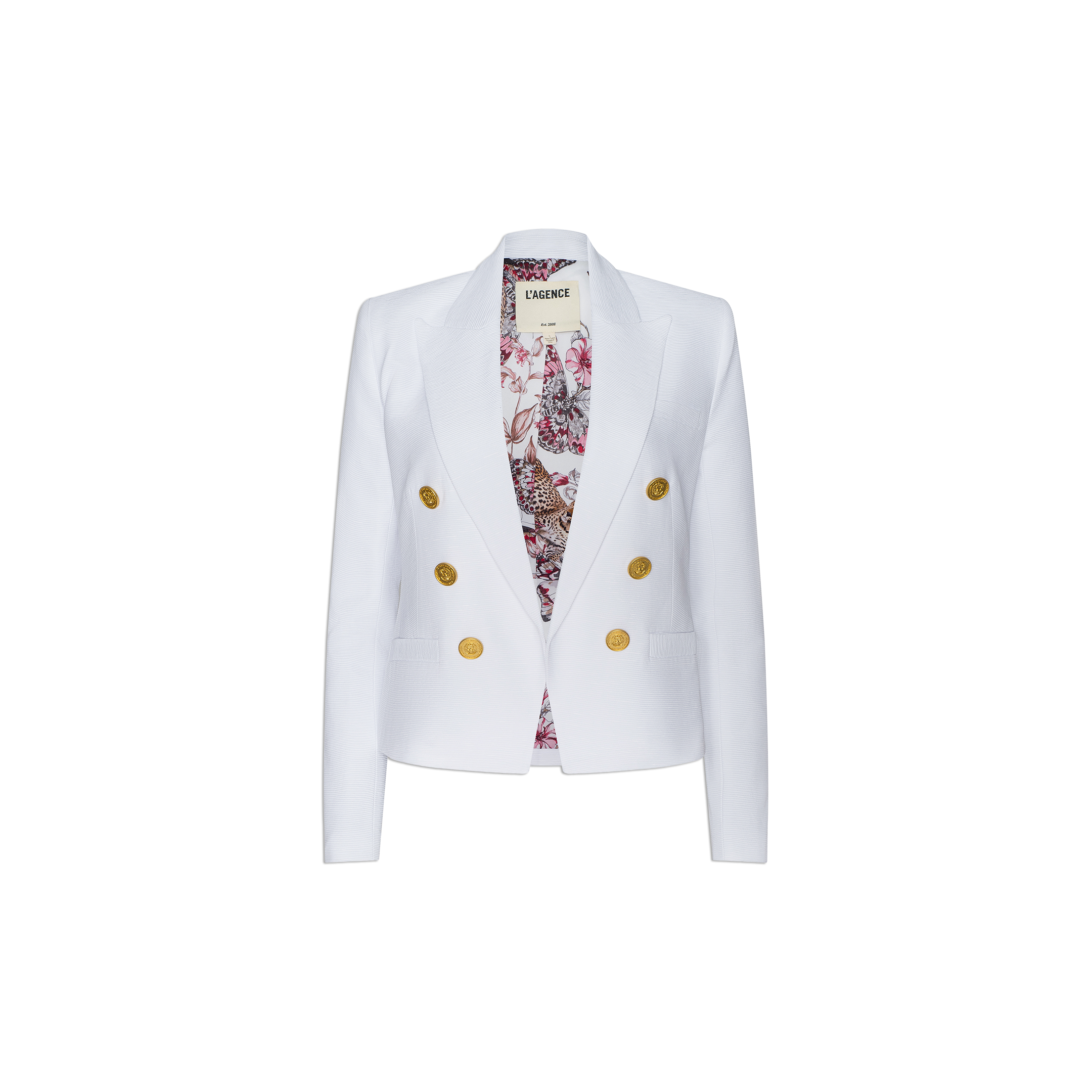 Brooke Blazer: A white lightweight ribbed double-breasted blazer featuring gold buttons and a floral patterned lining, displayed against a plain white background.