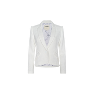 The Jennah Tweed Blazer, crafted in ivory tweed, features a single-button closure and a notched lapel. Displayed against a plain background, its light-colored inner lining is adorned with a subtle floral pattern.
