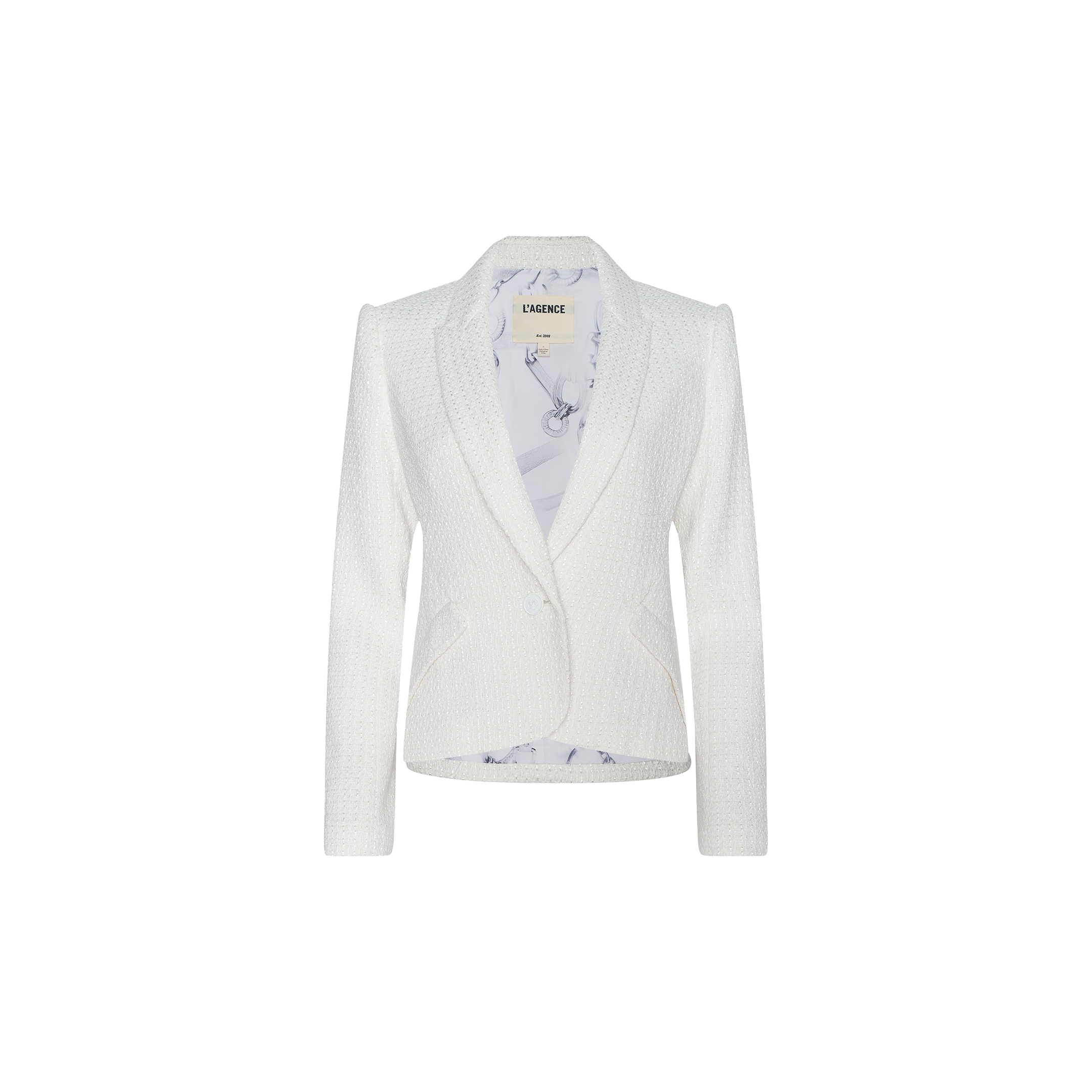 The Jennah Tweed Blazer, crafted in ivory tweed, features a single-button closure and a notched lapel. Displayed against a plain background, its light-colored inner lining is adorned with a subtle floral pattern.