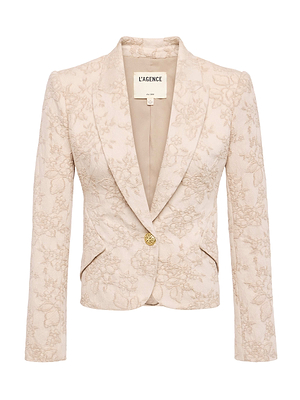The Jennah Jacquard Blazer by L'AGENCE Sale is a beige floral blazer with notched lapels, single button closure, and two front pockets, shown against a white background.