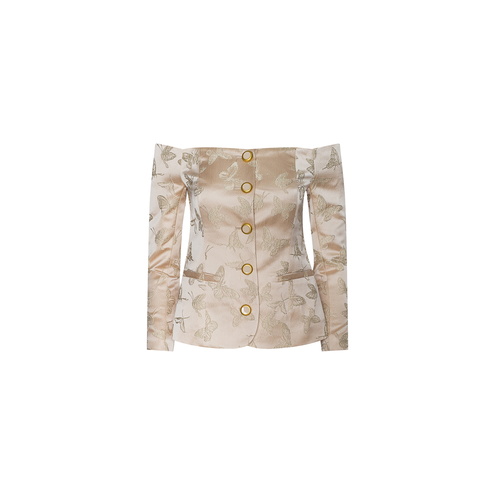 Alice Blazer Top: An off-the-shoulder, long-sleeve beige jacquard satin blouse adorned with a butterfly pattern and five oversized gold buttons down the front.