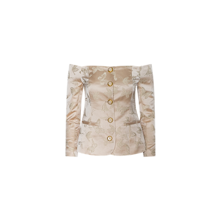 The Alice Blazer Top is an off-the-shoulder jacquard satin jacket featuring gold buttons, long sleeves, and a light beige floral butterfly pattern on a white background, seamlessly blending elegant tailored suiting with a chic off-the-shoulder neckline.