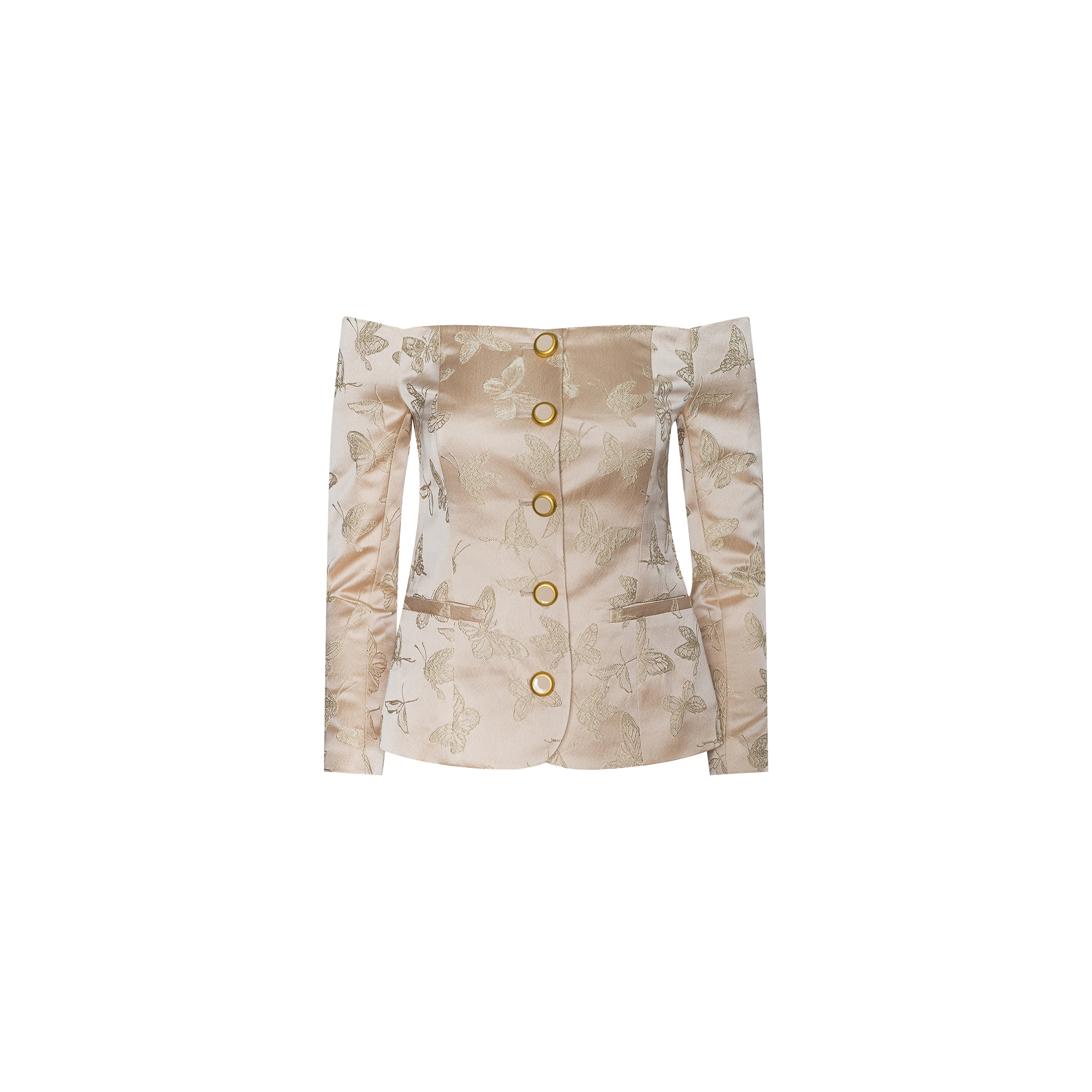 Alice Blazer Top: An off-the-shoulder, long-sleeve beige jacquard satin blouse adorned with a butterfly pattern and five oversized gold buttons down the front.