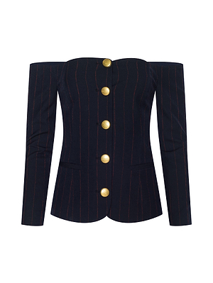 The Alice Blazer Top by L'AGENCE is a black off-the-shoulder pinstripe blazer with long sleeves, gold front buttons, and two pockets—ideal for power dressing and modern tailoring.