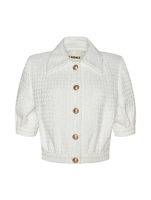 The Cove Cropped Tweed Jacket by L'AGENCE Sale features a white waffle tweed, short sleeves, a wide collar, large round buttons, and cropped button-up design, shown against a plain background.