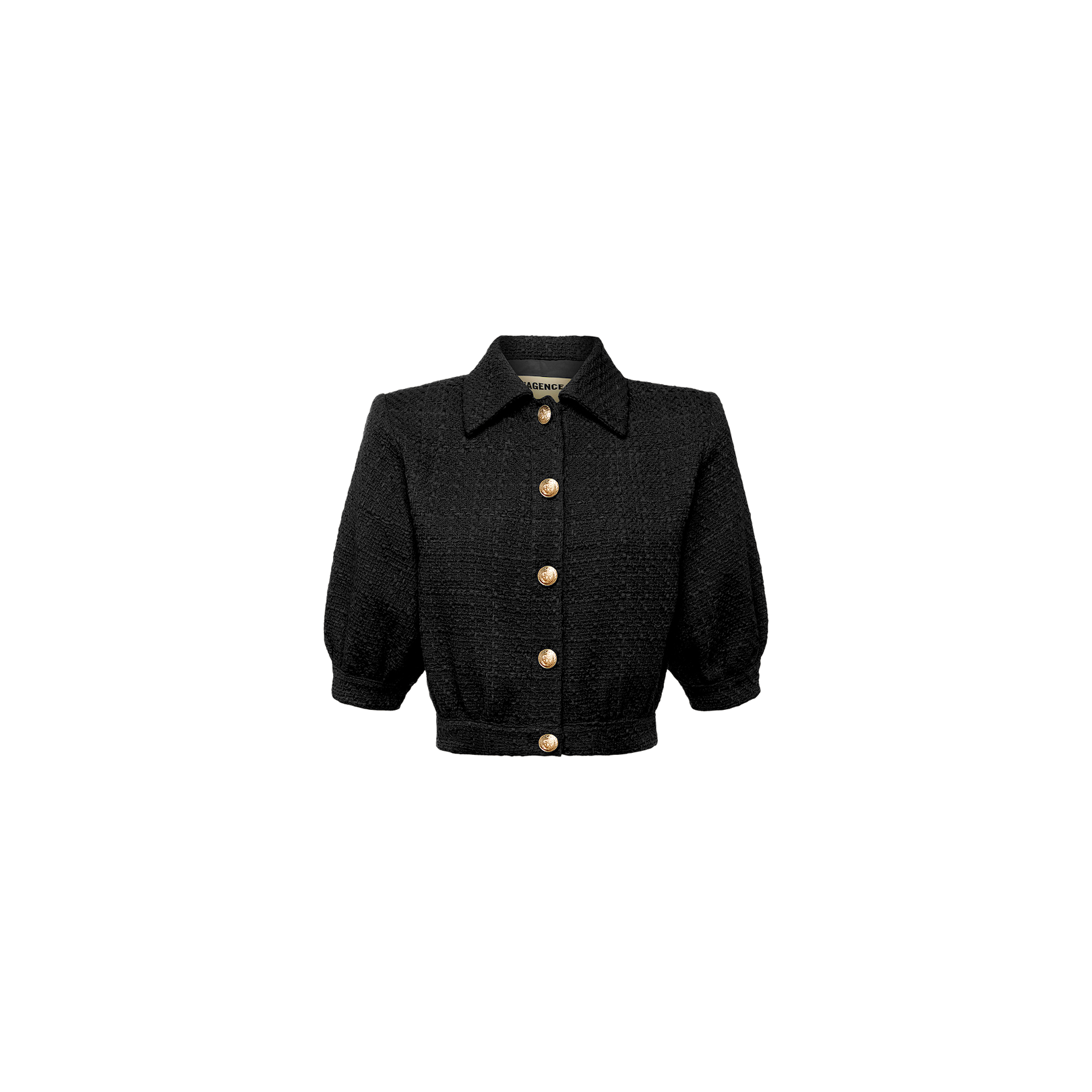 A black Cove Cropped Tweed Jacket with gold buttons features puff sleeves, a cropped silhouette, and a collar, displayed on a plain white background.
