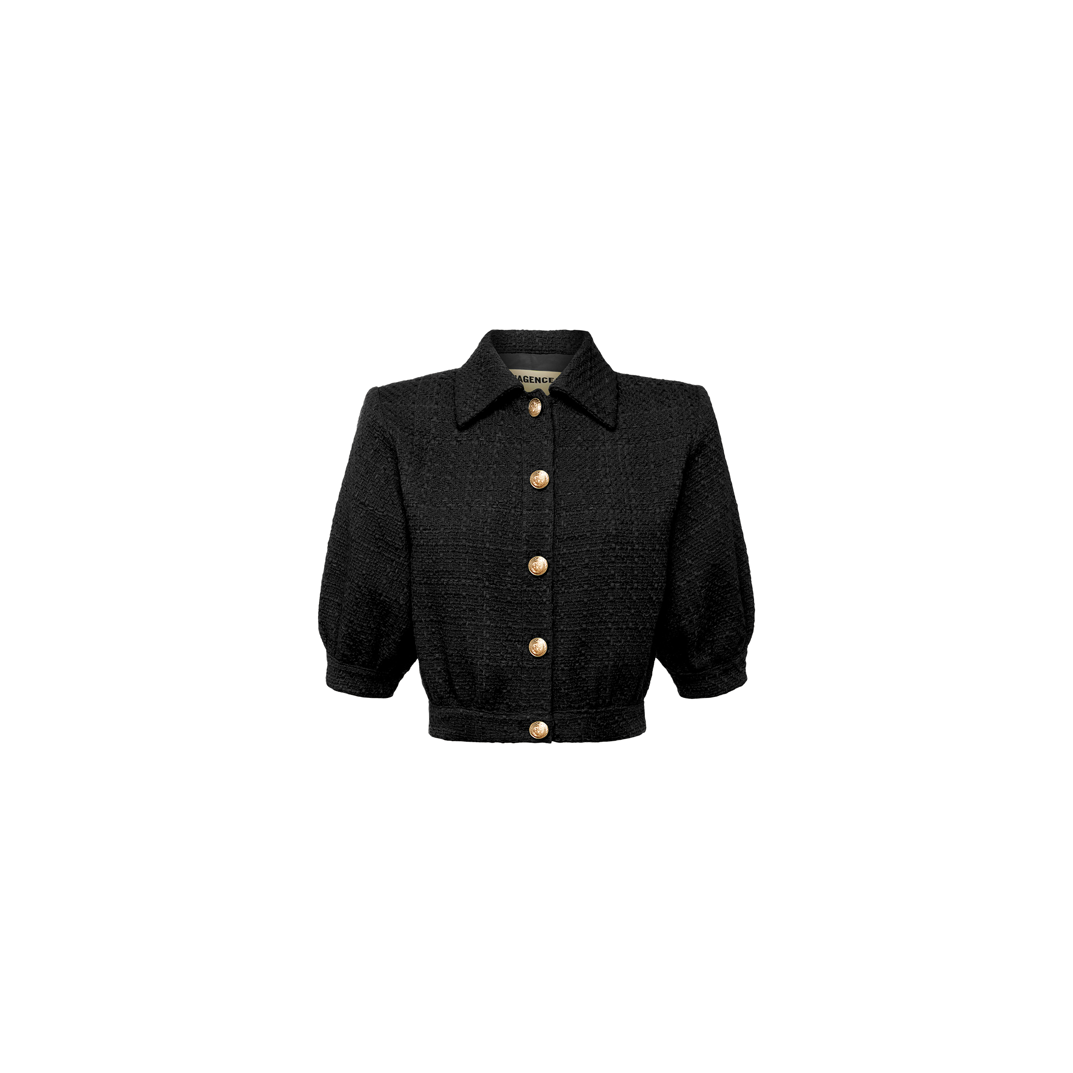 A black Cove Cropped Tweed Jacket with gold buttons features puff sleeves, a cropped silhouette, and a collar, displayed on a plain white background.