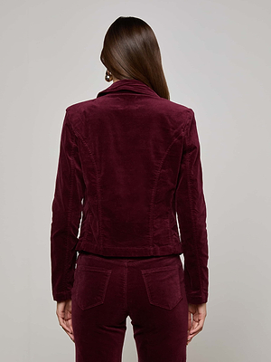 A woman with long brown hair faces away, wearing the L'AGENCE Wayne Velvet Blazer and matching pants in deep burgundy against a plain light background.