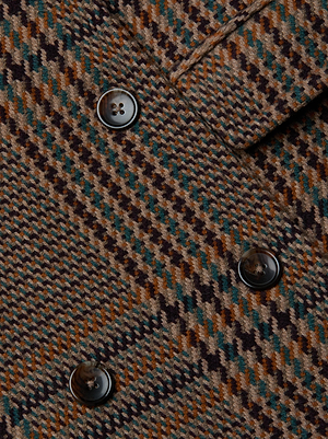 Close-up of the Kolina Plaid Long Coat, crafted from Italian recycled wool in a brown, teal, and orange houndstooth plaid with three dark brown buttons.