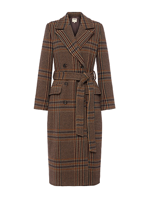 The Kolina Plaid Long Coat is a tailored, double-breasted design made from Italian recycled wool with a belted waist, notched lapels, and a brown, black, and tan houndstooth plaid. It features two rows of buttons and falls below the knees.