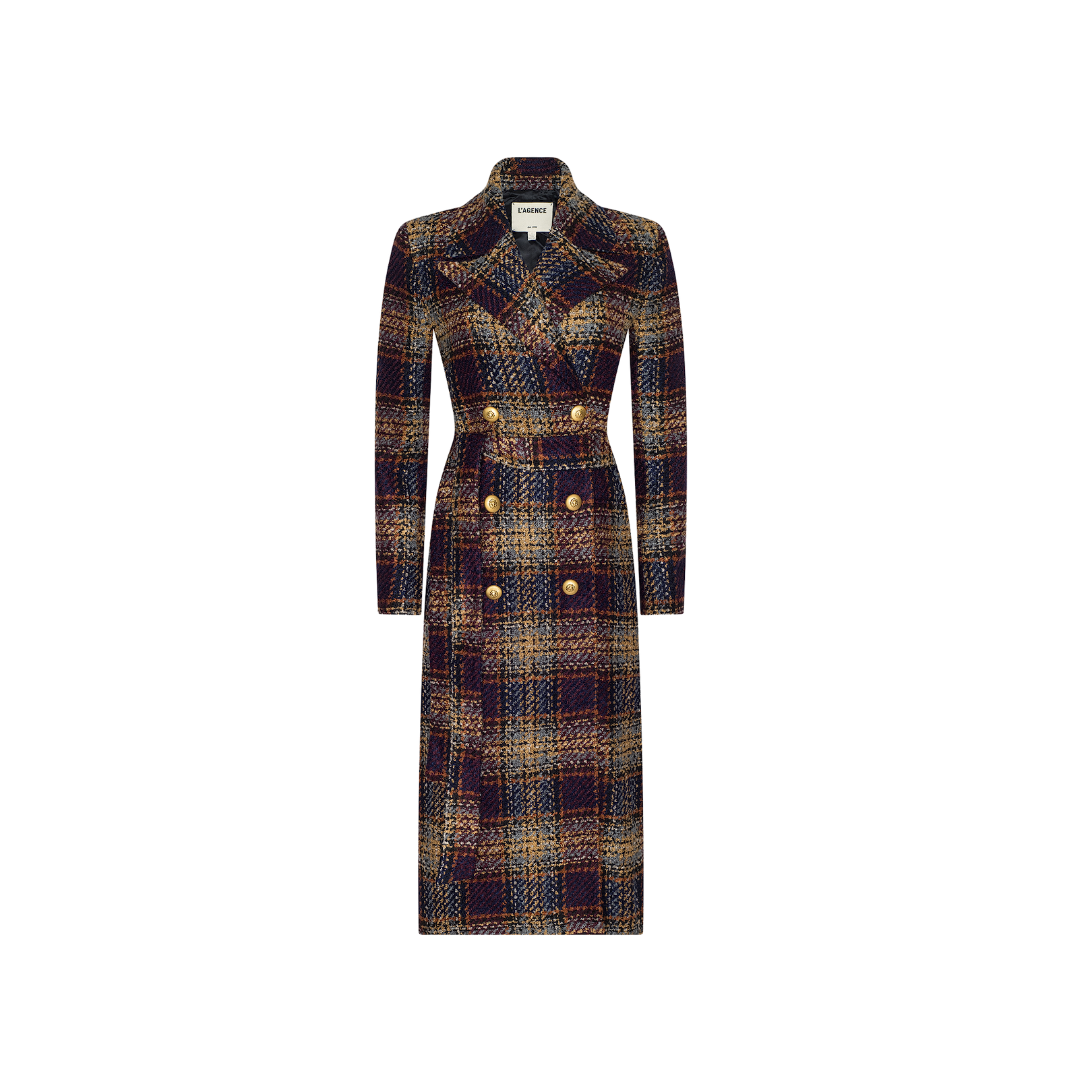 The Kolina Tweed Long Coat is a long, double-breasted plaid coat in shades of brown, navy, and yellow tweed. It features a wide collar, gold buttons, and a waist-cinching belt. Displayed on a plain white background.